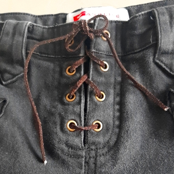 CUTE Gasoline Jean Shorts with Leather Lace-Up Front and Embroidery - Picture 2 of 8